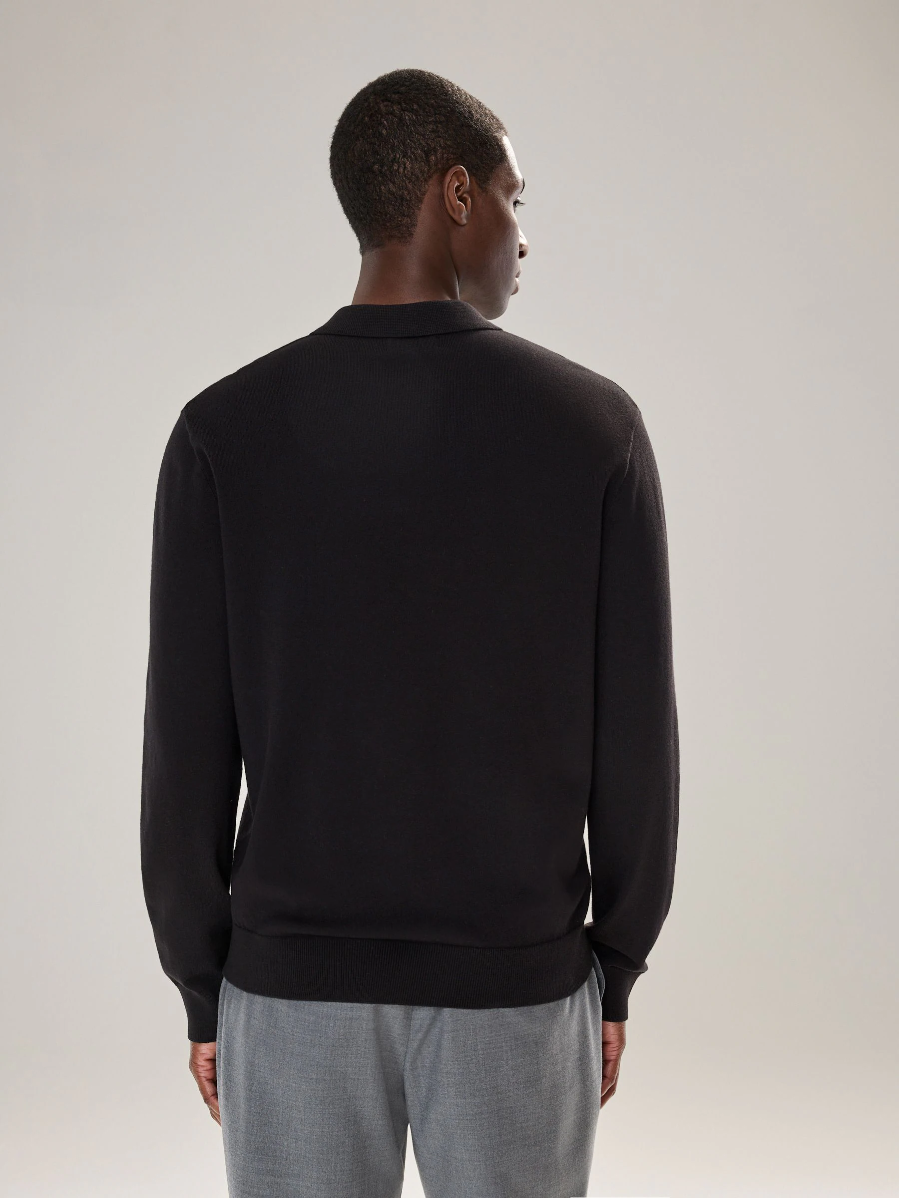 Zwart - Normale Pasvorm - Katoenrijk gebreid poloshirt met lange mouwen