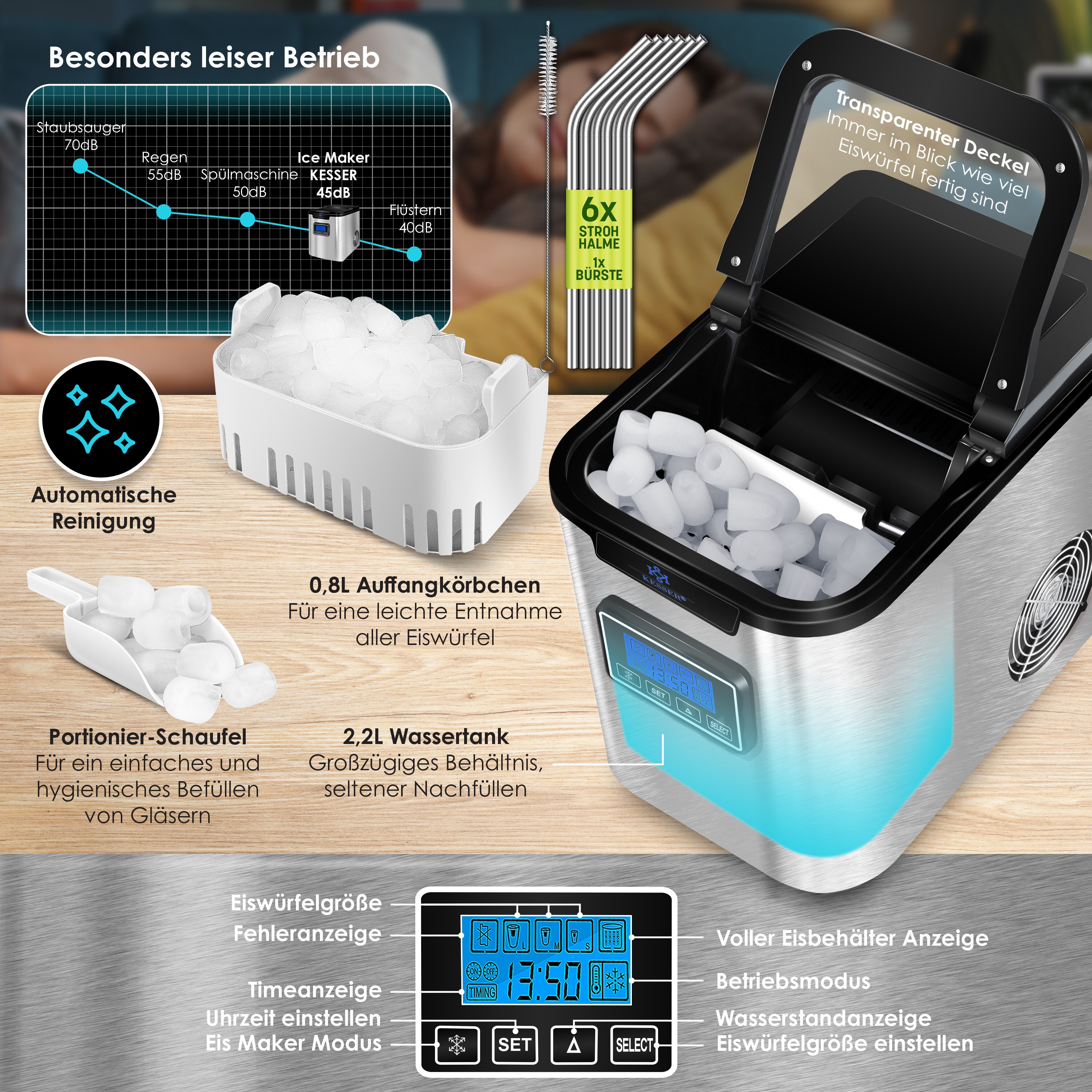 KESSER® Eiswürfelbereiter | Eiswürfelmaschine Edelstahl | 150WIce Maker | 12 kg 24 h | 3 Würfelgrößen | Zubereitung in 6 min | 2,2 Liter Wassertank | Timer | LCD-Display | Selbstreinigungsfunktion