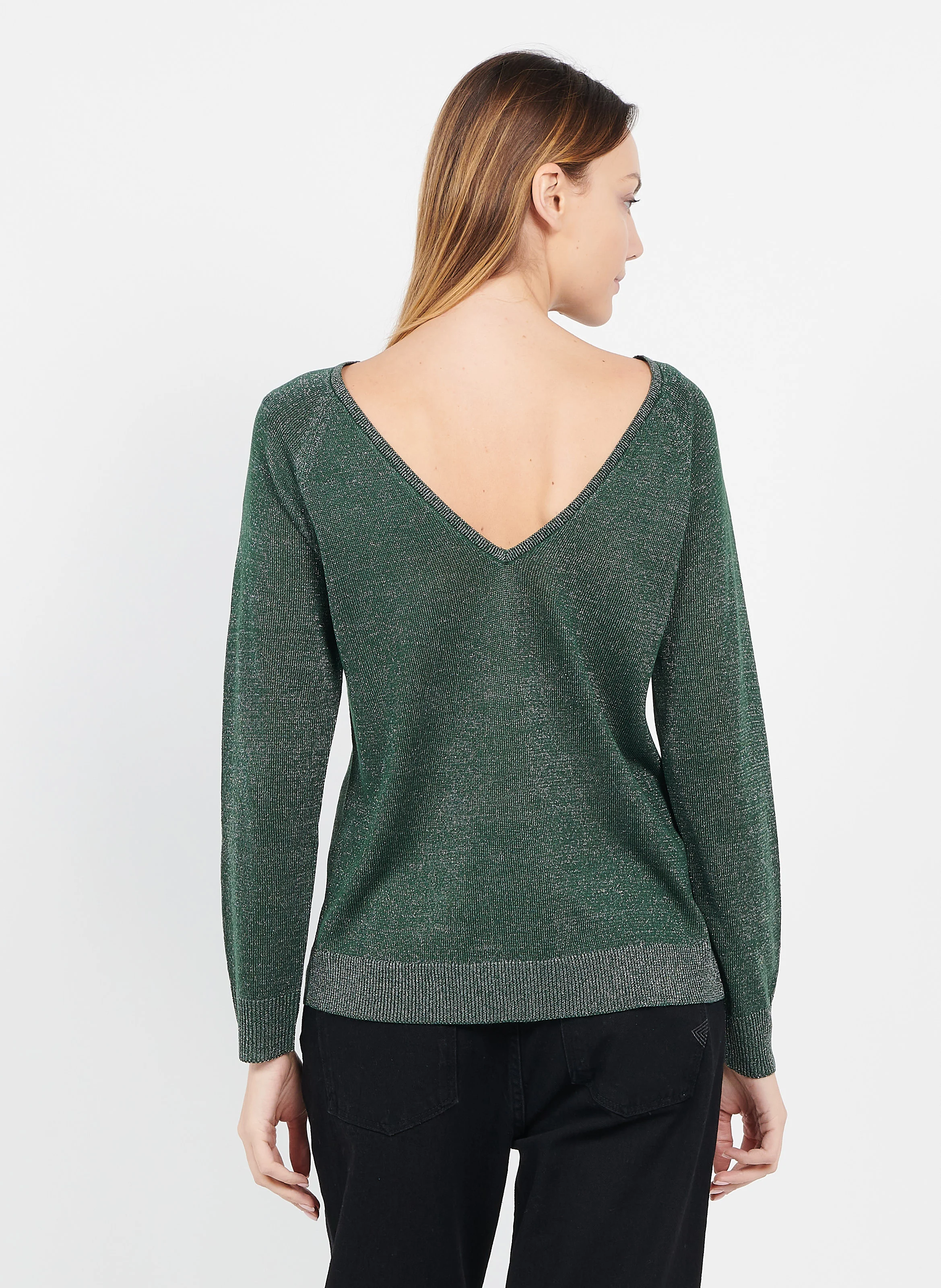Pull à col v effet brillant| Vert