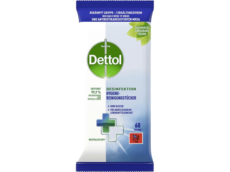 Dettol Desinfektion Hygiene-Reinigungstücher 60 Stück Antibakterieller Oberflächenreiniger mit neutralem Duft