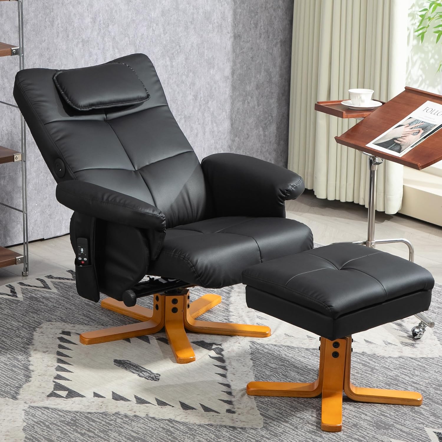 HOMCOM Relaxsessel mit Hocker, 360°drehbarer Fernsehsessel mit Knetmassage und Vibrations-Massage, Liegefunktion, Massagesessel mit USB- und USB-C-Anschlüssen, Seitentasche Kunstleder Schwarz
