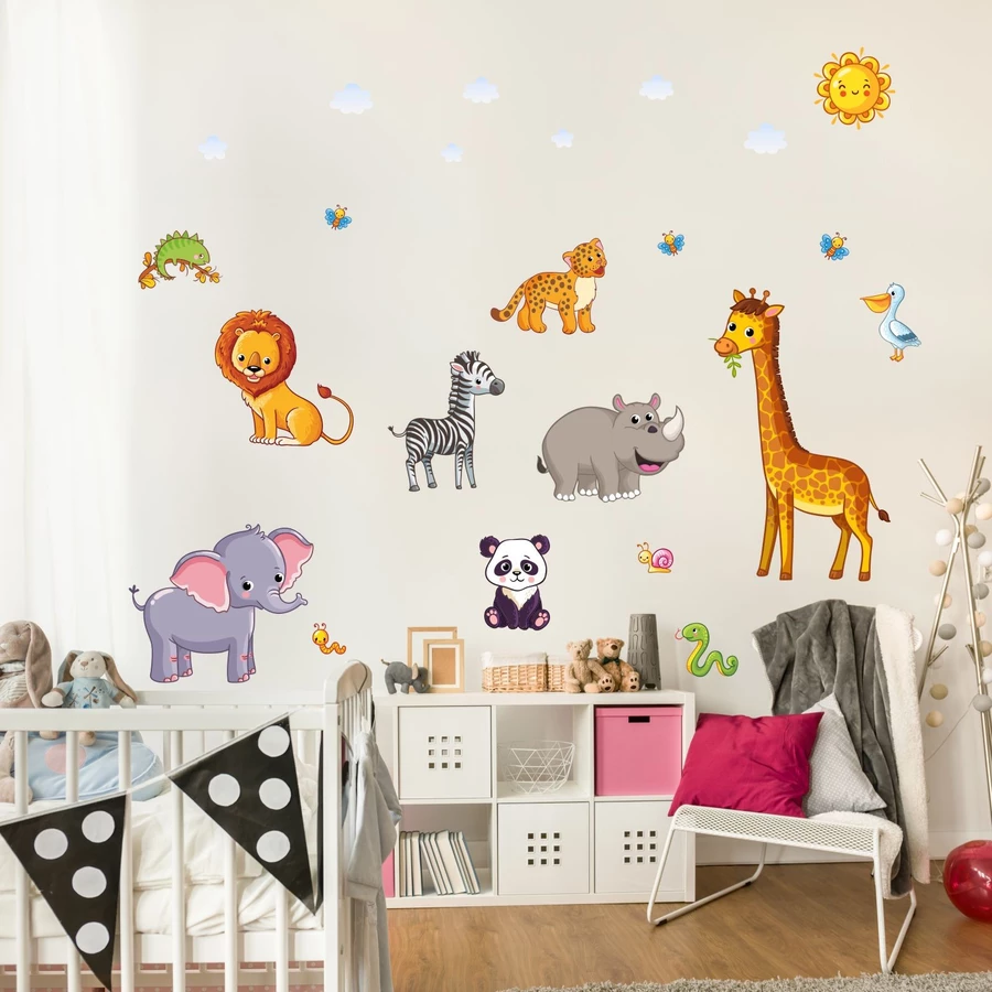 Nikima Wandtattoo 080 Wandtattoo Tiere Kinderzimmer Elefant Löwe Giraffe bunt