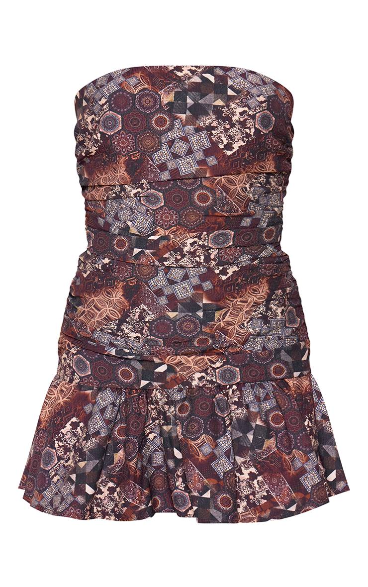 Marron Robe Mini Bustier À Imprimé Paisley Avec Ourlet Froncé
