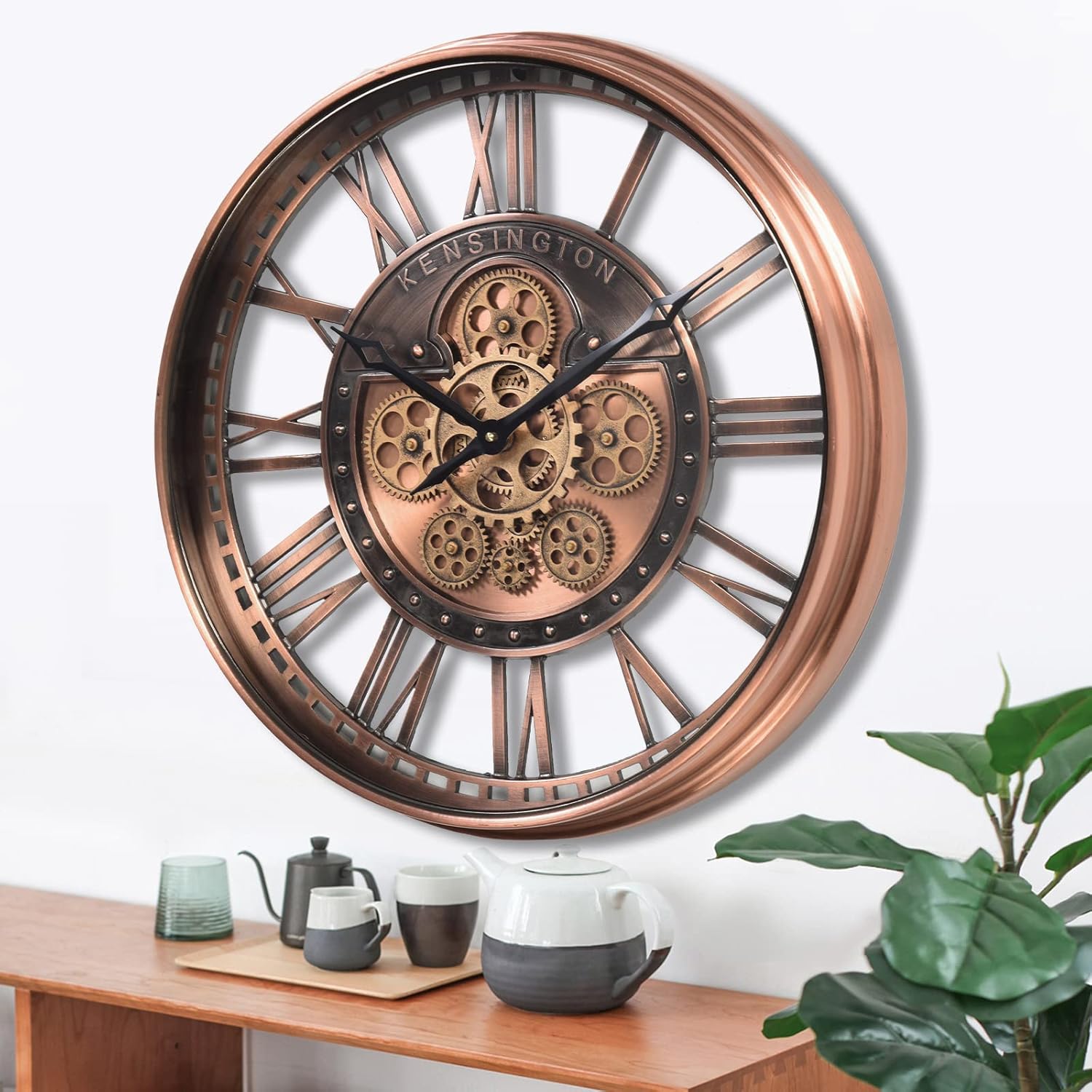 Wanduhr mit echtem Bewegungsgetriebe Zahnrädern, modern, 53,3 cm, industriell Steampunk, groß, Metall,Wanduhr für Wohnzimmer, Dekor, Büro ,Küche, antike Bronze, Kupfer römische oder arabische Ziffern