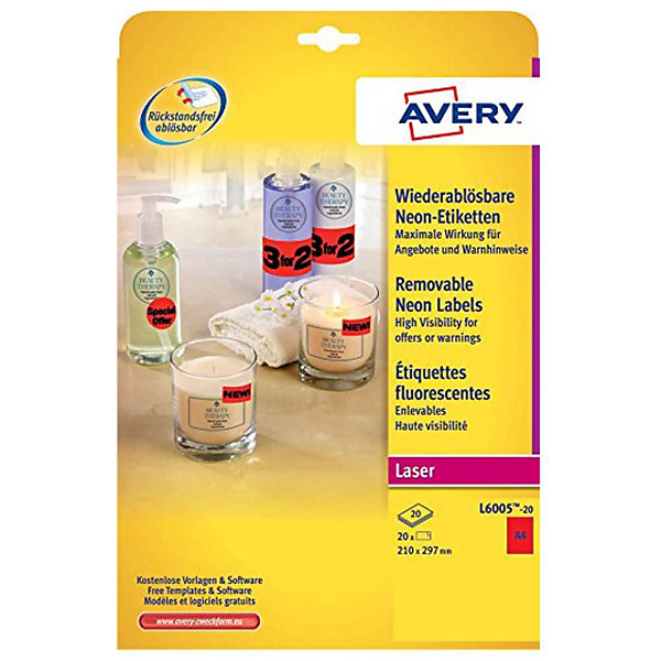 Avery L6005 Etiquettes d'identification enlevables couleur 210 X 297 mm - 20 feuilles, 1 étiquette A4 par feuilles - Rouge fluorescent