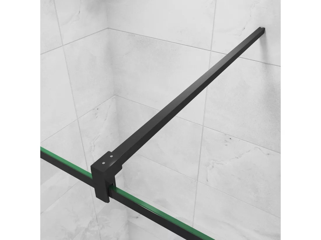 Paroi de douche noire 120x200cm à l'italienne avec barre de fixation noire 90cm en carré, en 8mm verre trempé anticalcaire