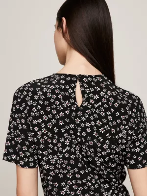 Vestido midi com fenda e estampa floral miúda