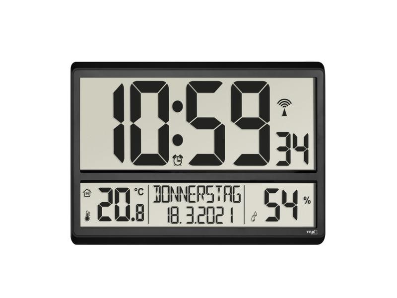 TFA Dostmann Funk-Wanduhr XL mit Raumklima Schwarz Digitale Uhr mit Snooze-Funktion und Zeitzone