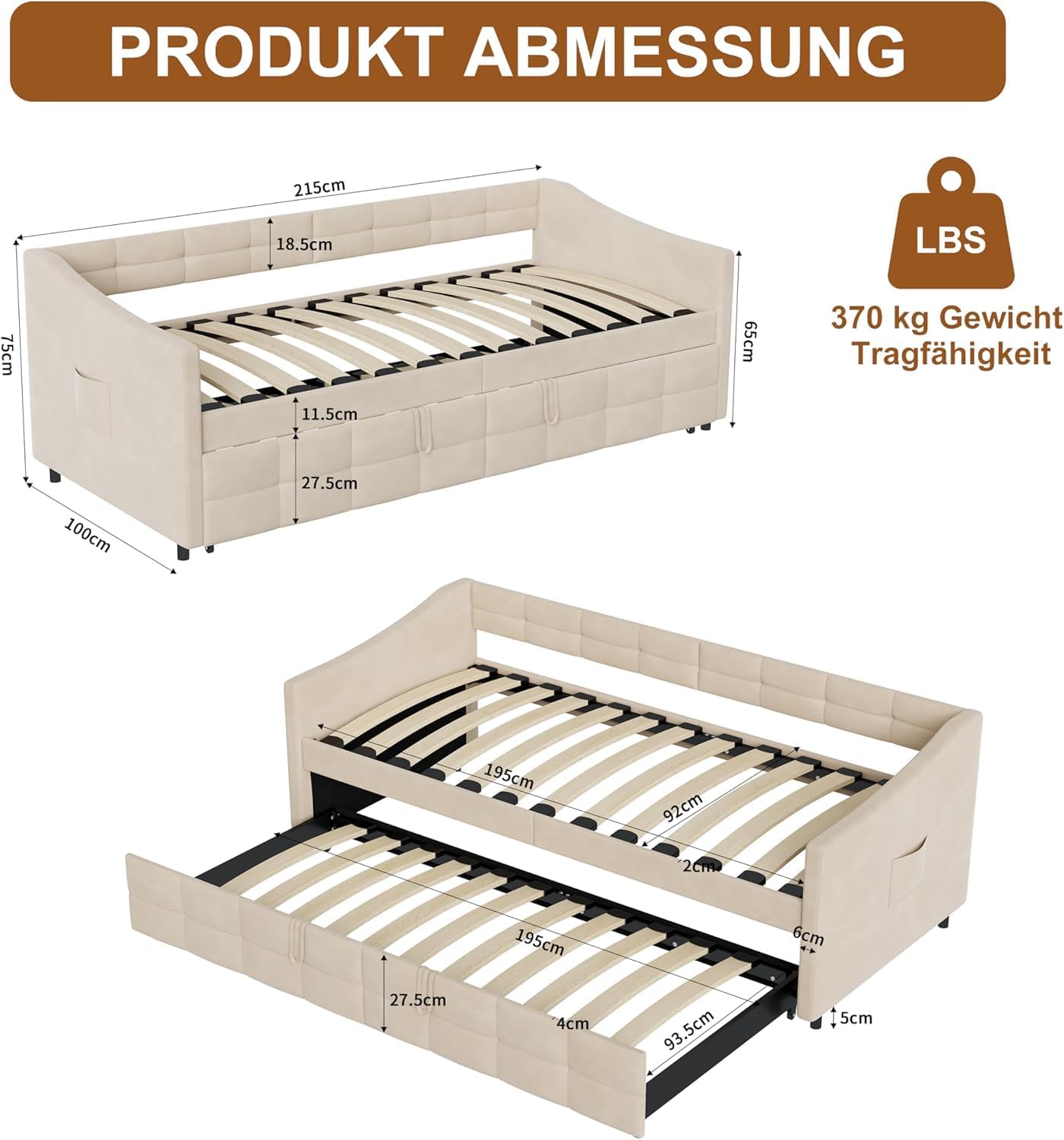 Schlafcouch Ausziehbar, Tagesbett Ausziehbar, Ausziehbett, Schlafcouch 180x200, Flanell, 90/180 x 200 cm, ohne Matratze (Creme)