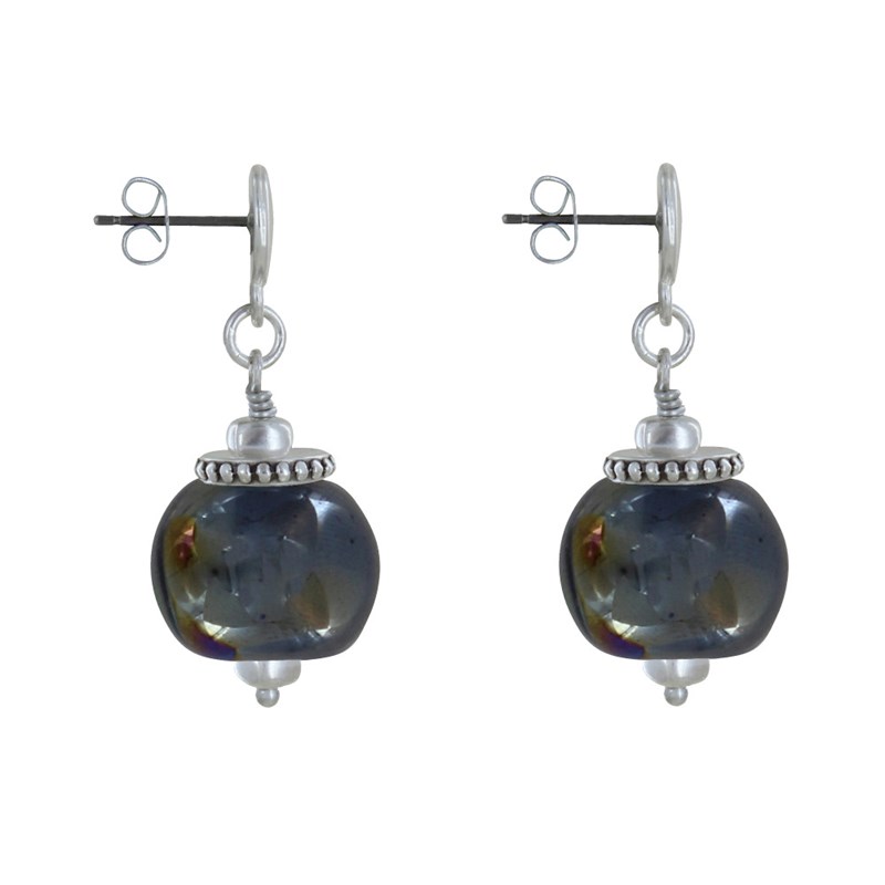 Boucles d'Oreilles Clous Métal Argenté et Grosses Perles en Céramique