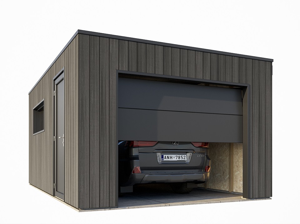 Garage bois composite silverstone - bardage couleur ardoise - surface : 20m² - porte sectionnelle motorisée - 2 télécommandes