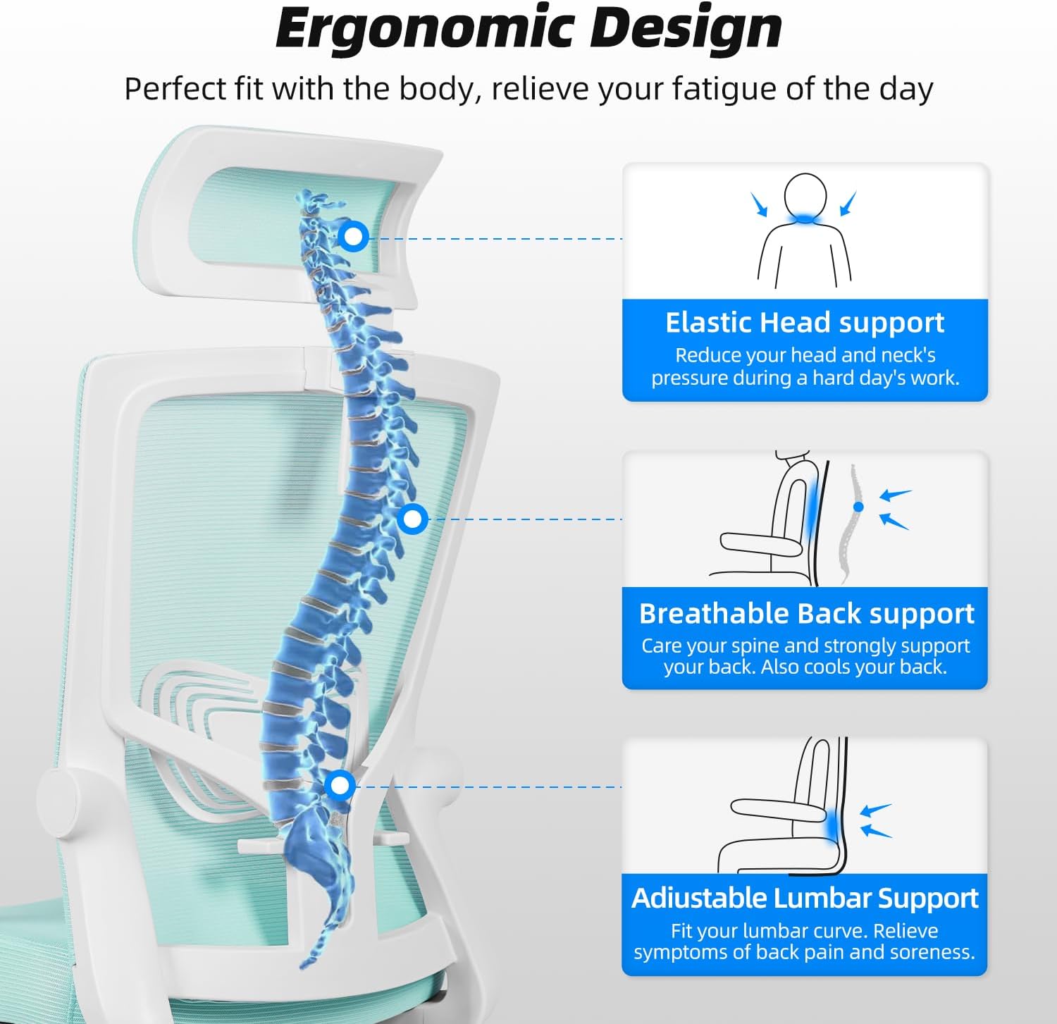 Daccormax Bürostuhl Ergonomisch, Schreibtischstuhl mit Verstellbarer Kopfstütze, Armlehnen, Lendenwirbelstütze, Drehstuhl Wippfunktion, Chefsessel aus Mesh,Rückenschonend, Bürostuhl 150kg
