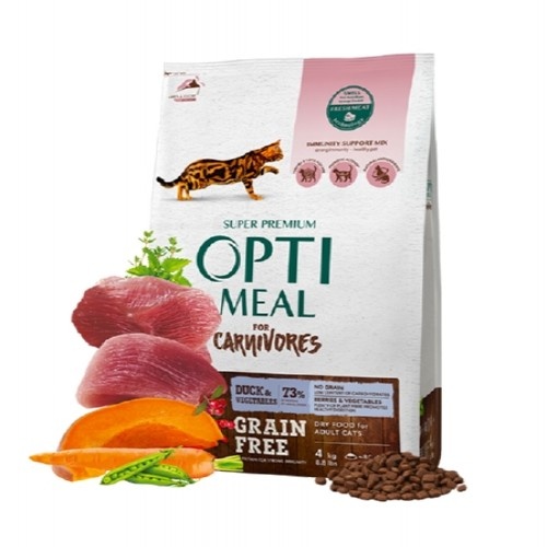 Ração seca Optimeal sem grãos para gatos, sabor pato e vegetais.