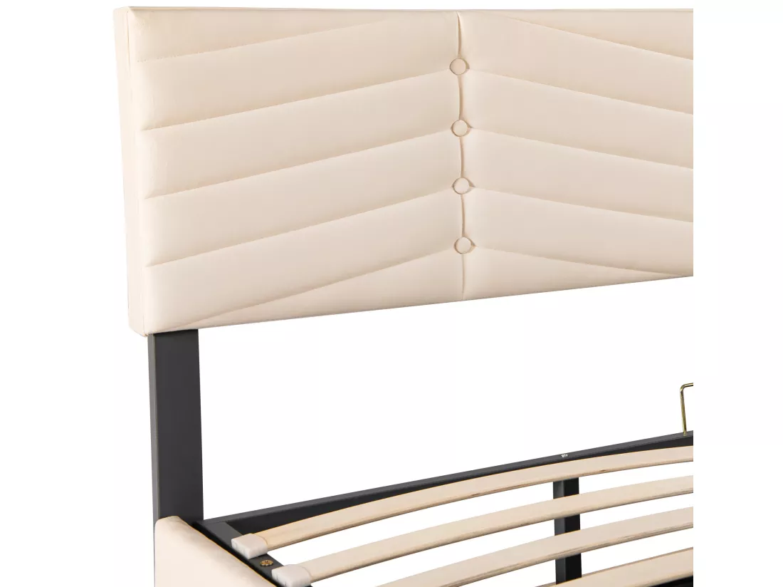 Lit coffre en velours avec sommier à lattes + tête de lit réglable - 160x200cm - Beige
