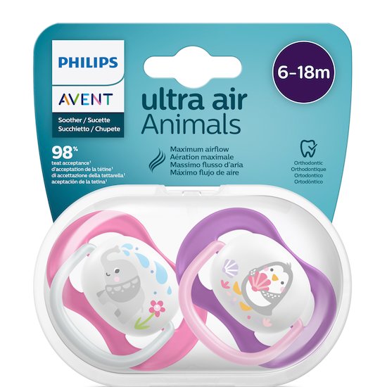 Lot 2 sucettes ultra air   Pingouin/éléphant        6-18 mois   de               Philips AVENT