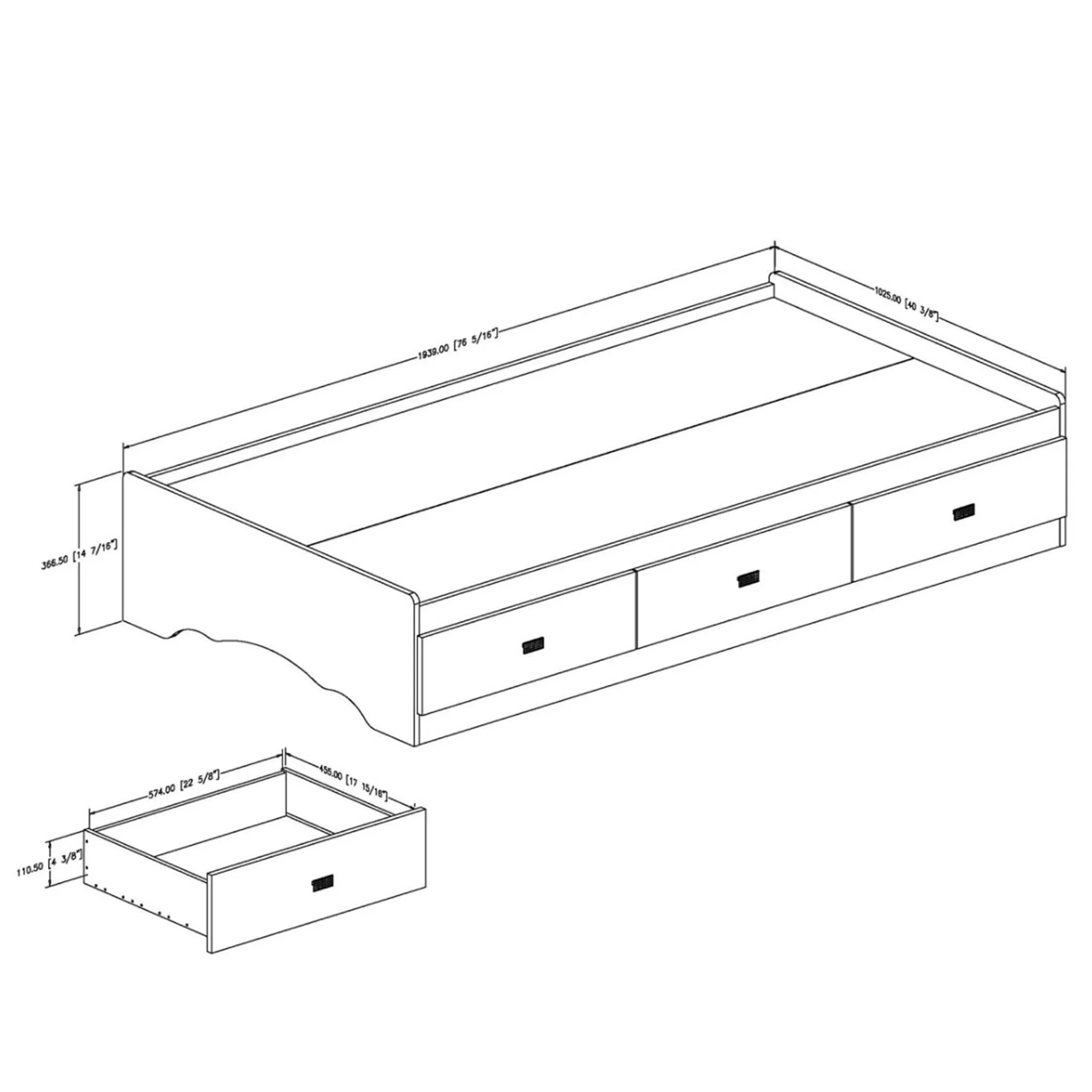 South Shore Lit Matelot Simple 3 Tiroirs Tiara - Blanc Solide