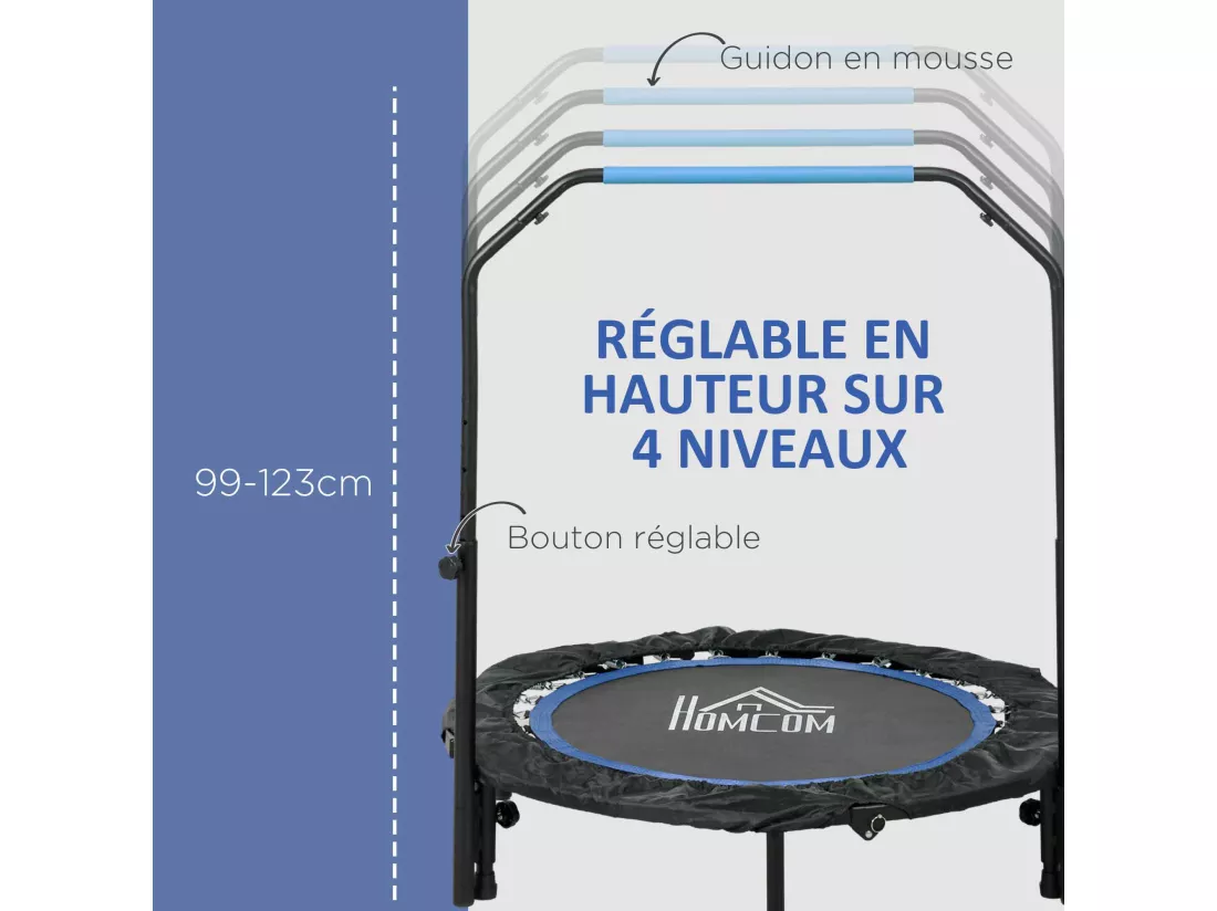 Trampoline de fitness gym pliable - poignée réglable, 28 ressorts - Ø 102 cm - noir bleu