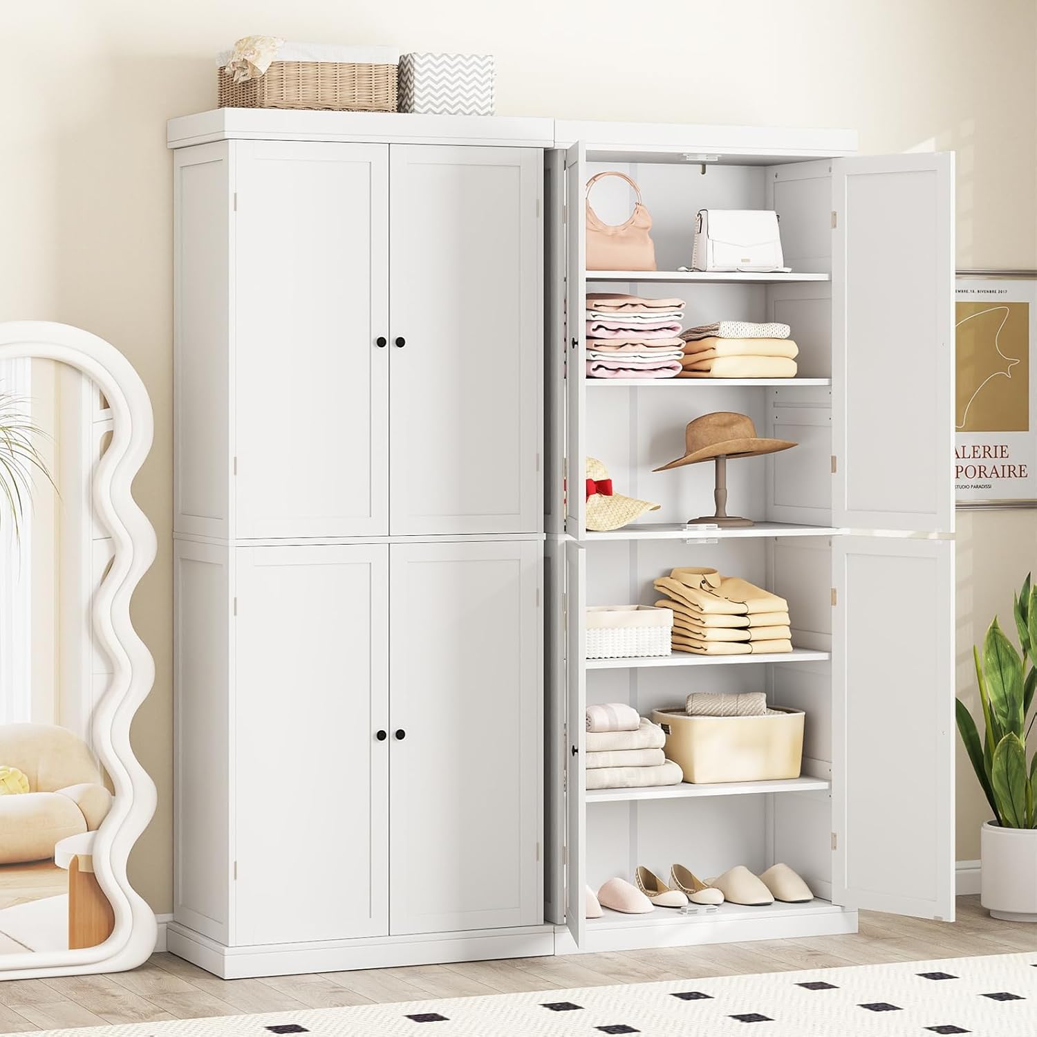 COSTWAY 6 stöckiger Küchenschrank, Hochschrank Küche mit 4 Türen & verstellbaren Regalen, Vorratsschrank freistehend, für Badezimmer, Wohnzimmer, Esszimmer, Büro, 76 x 40 x 184,5 cm, Weiß