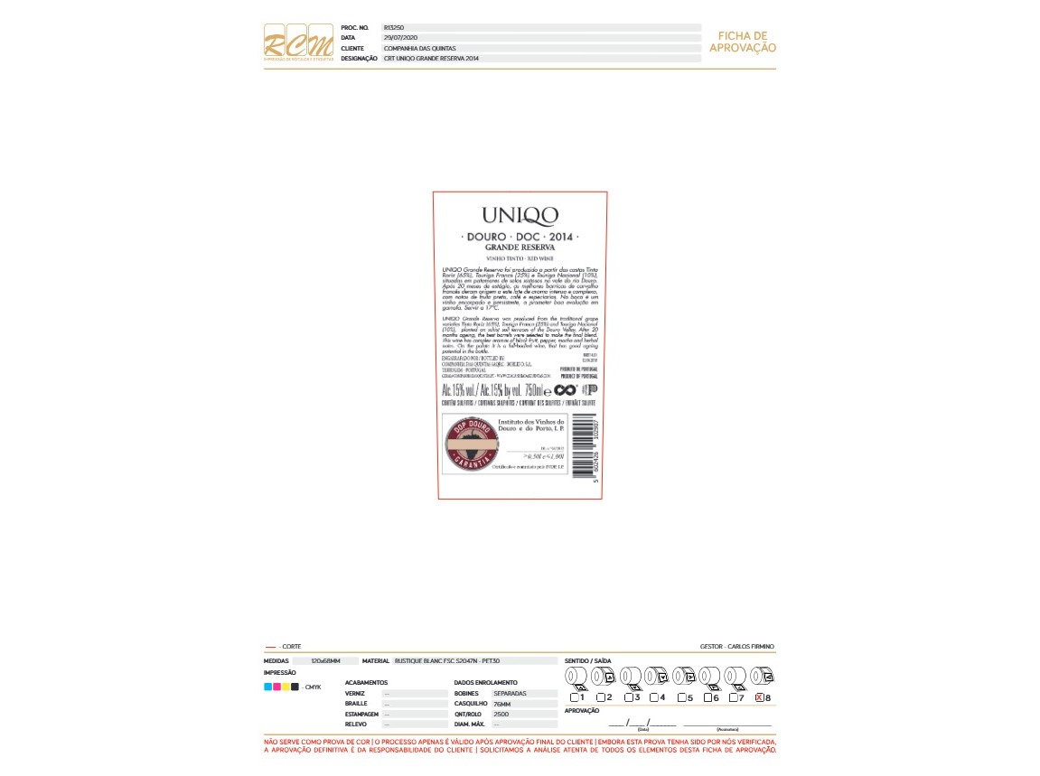 VINHO TINTO UNIQO GRANDE RESERVA DOURO 0.75L