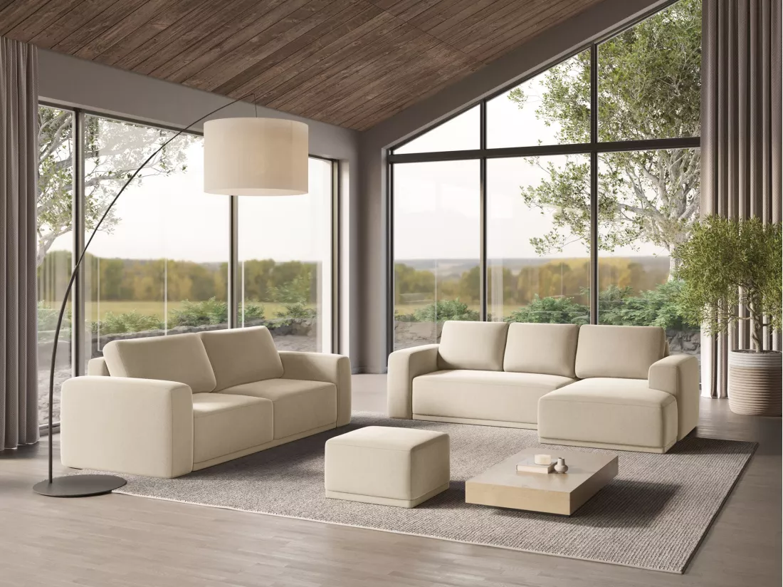 Canapé d'angle panoramique convertible en velours - beige clair - KAILA