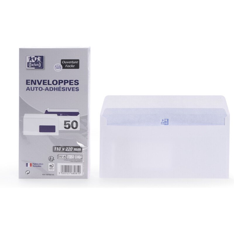 lot 50 EnveloPPes Oxford 110x220 auto adhesive fenetre - blanc