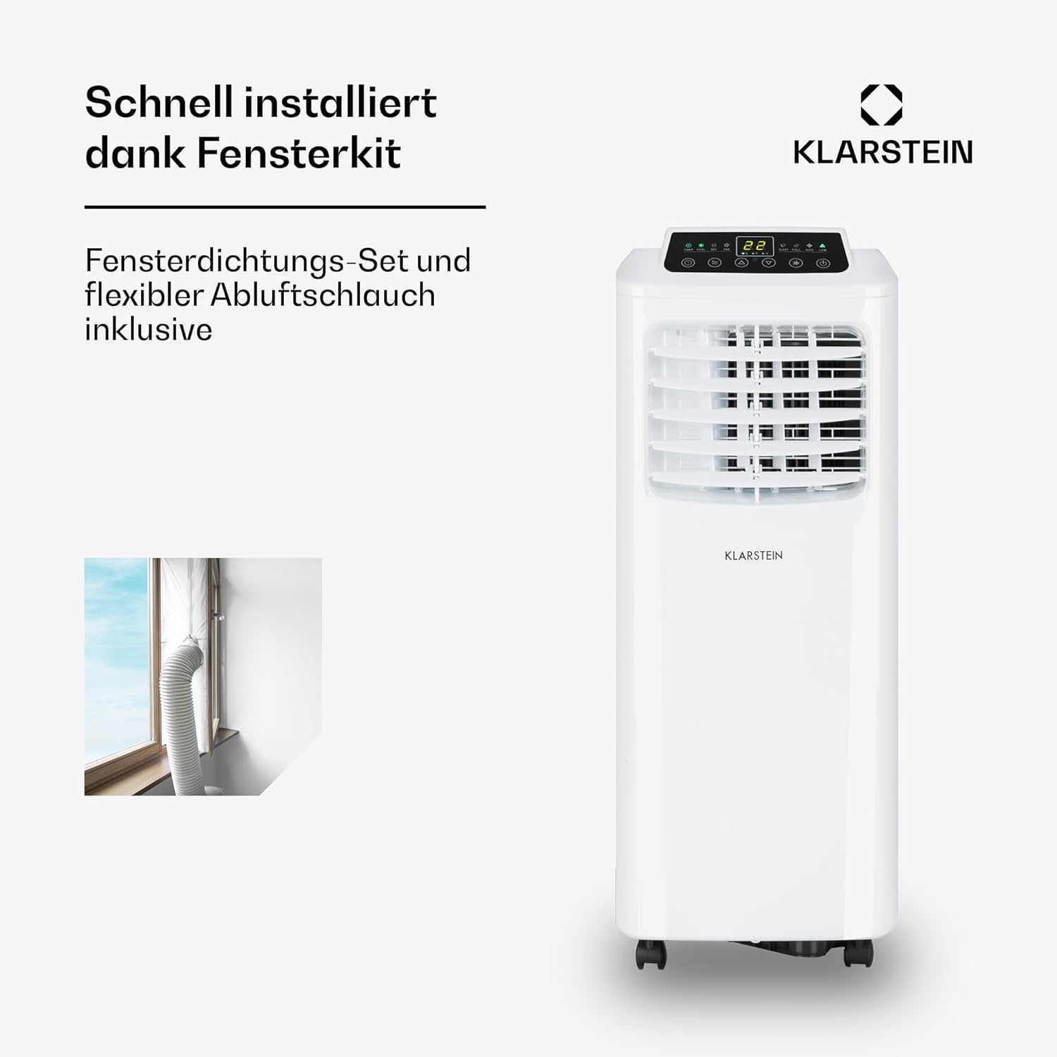 Klarstein Mobile Klimaanlage mit Abluftschlauch, 3-in-1 Klimagerät mit Ventilator & Luftentfeuchter, Kleine & Portable Klimaanlage für Wohnung & Büro, mit Nachtmodus & App-Steuerung, 9000 BTU