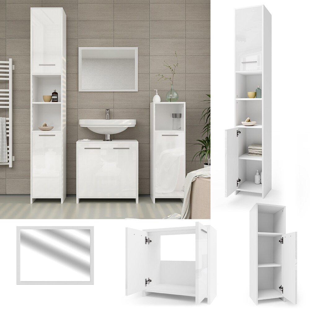 Vicco Badmöbel Set Kiko Badezimmer Spiegel Kommode Unterschrank Weiß / Weiß Hochglanz