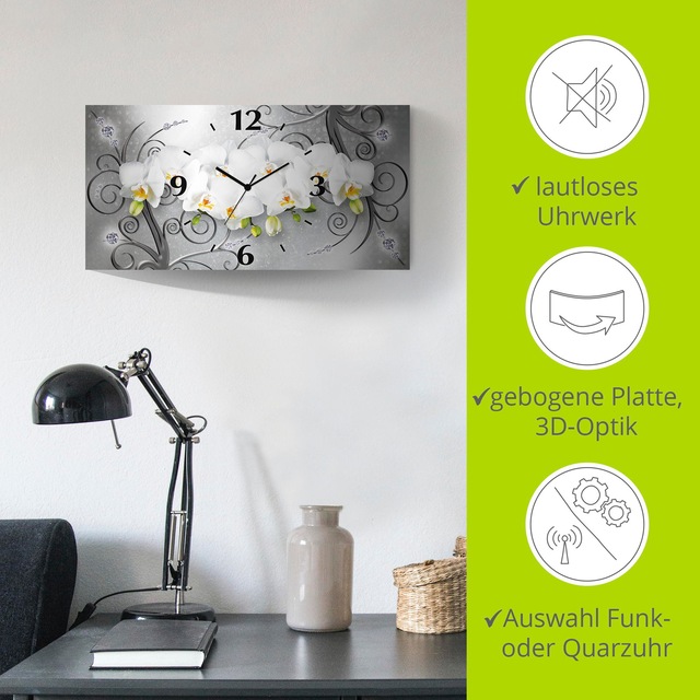 Artland Wanduhr »weisse Orchideen auf Ornamenten« 3D Optik gebogen, mit Quarz- oder Funkuhrwerk, versch. Grössen