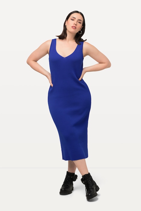 Strickkleid, Rippstrick, Slim, Midilänge, V-Ausschnitt, ärmellos