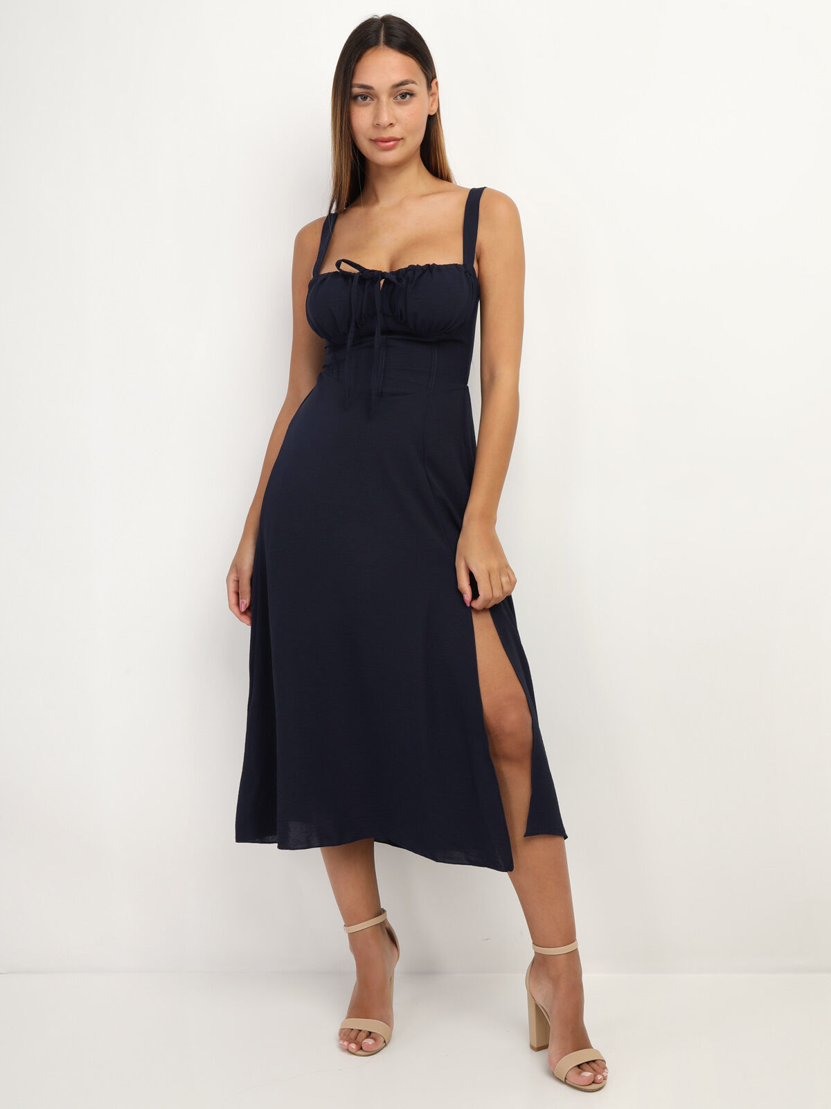 Robe corset mi-longue à fente- Bleu marine