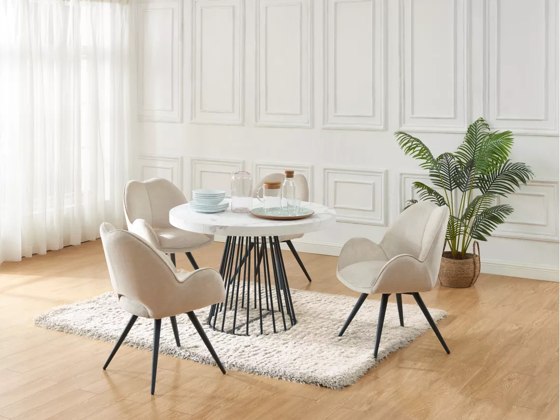 Table à manger extensible 2 à 12 personnes en MDF et acier - Effet marbre blanc et Noir - FIRELA