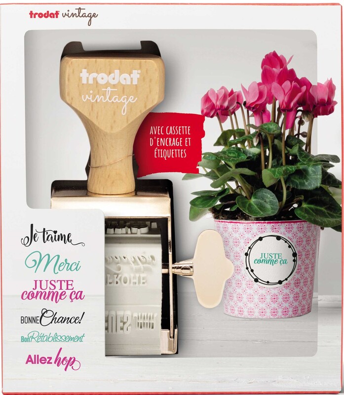 Trodat Vintage Stempel \u0022Félicitations\u0022, schwarz/karminrot/blau