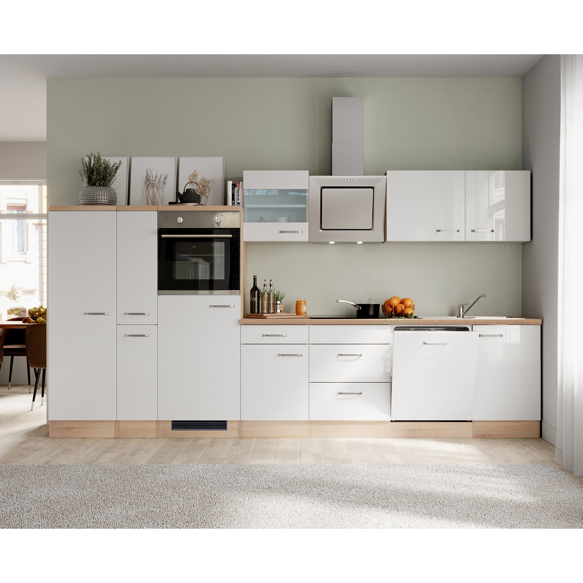 Küchenblock VALERO - weiß Hochglanz - Sonoma Eiche - mit E-Geräten - 360 cm