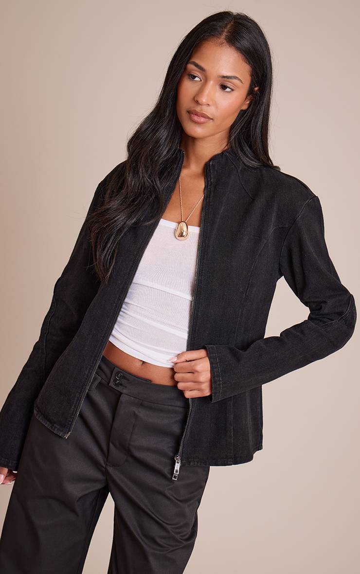 Noir Délavé Veste Ajustée Col Montant À Détails De Coutures Tall