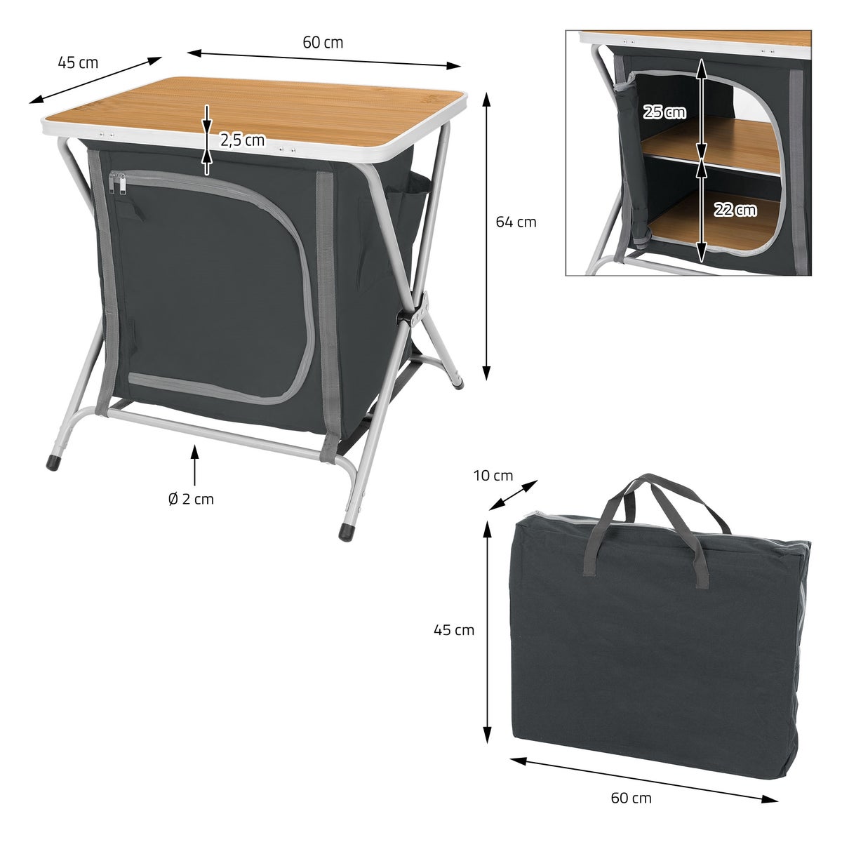 ECD Germany Opvouwbare kampeerkast, houtlook - zwart, 60x64x45 cm, kampeerkeuken met aluminium frame, draagbare keukenbox met werkblad, 2 planken en draagtas, opvouwbare stoffen kast voor buiten
