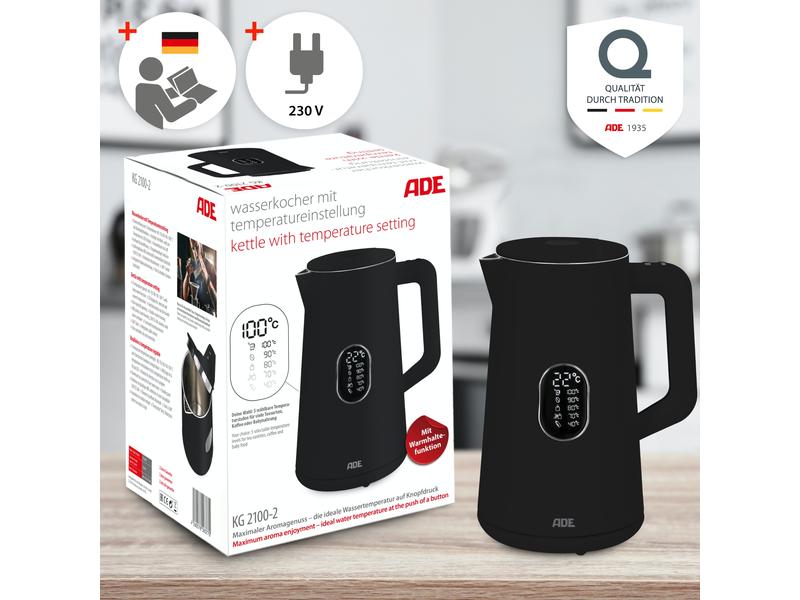 ADE Wasserkocher KG2100-2 1.5 l, Schwarz Wasserkocher mit Temperatureinstellung