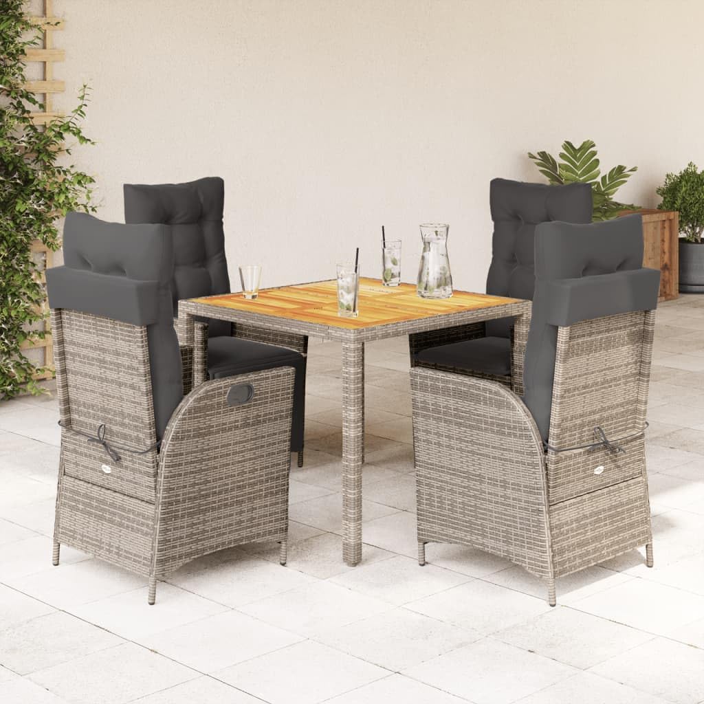 5-teiliges Garten-Essgruppe Grau 90x90 cm aus wetterfestem Poly Rattan mit Akazienholztisch und verstellbaren Sesseln Modernes Design für Balkon Terrasse Garten