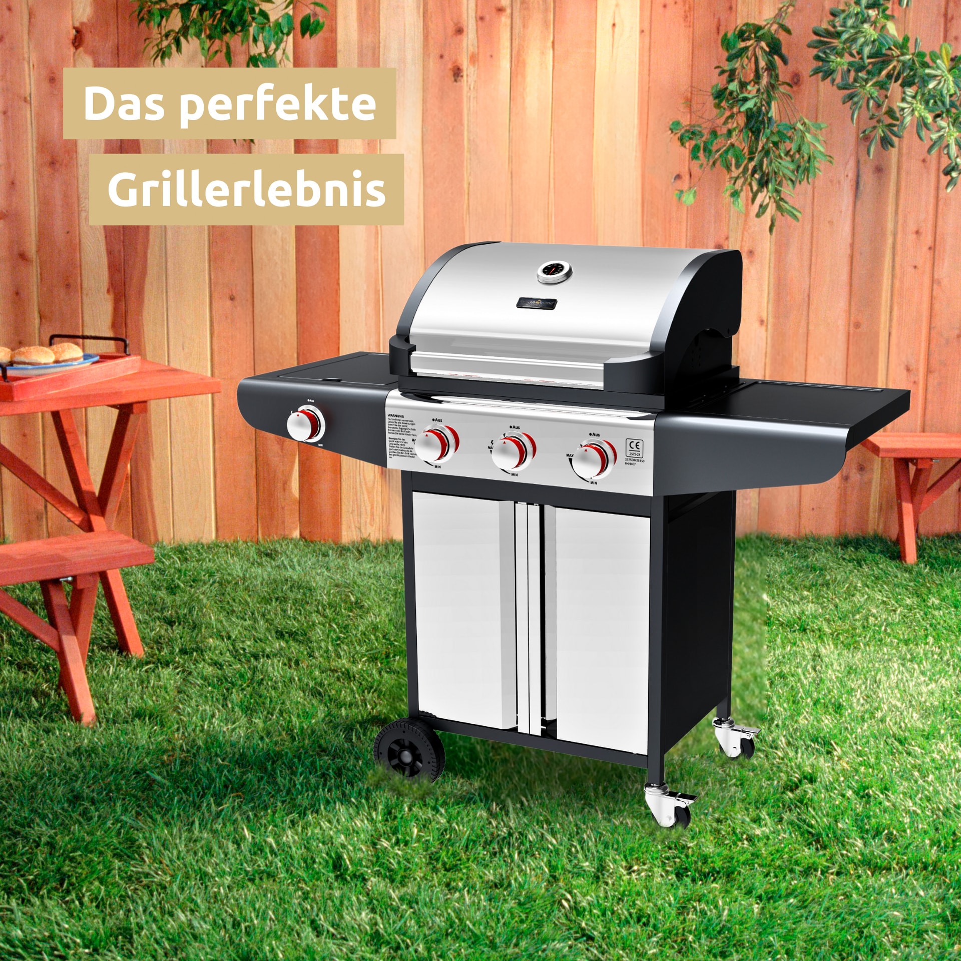 deluxe4home Gasgrill GRILLWAGEN XXL 131 x 54 cm silberfarbig /schwarz