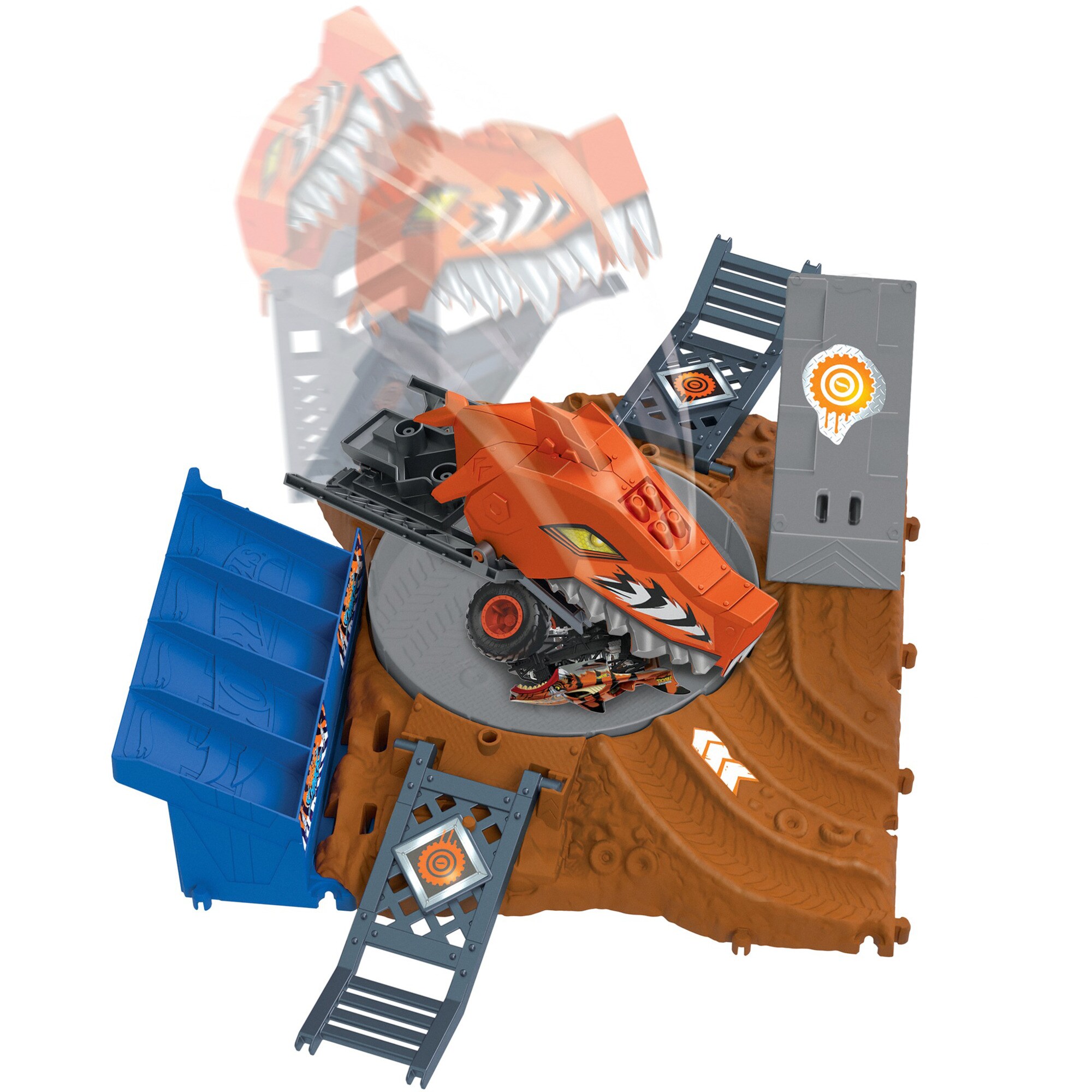 Mattel Rennbahn Monster Trucks Arena World: Semi-Finals Asst - Tiger Shark's Spin Out Frenzy