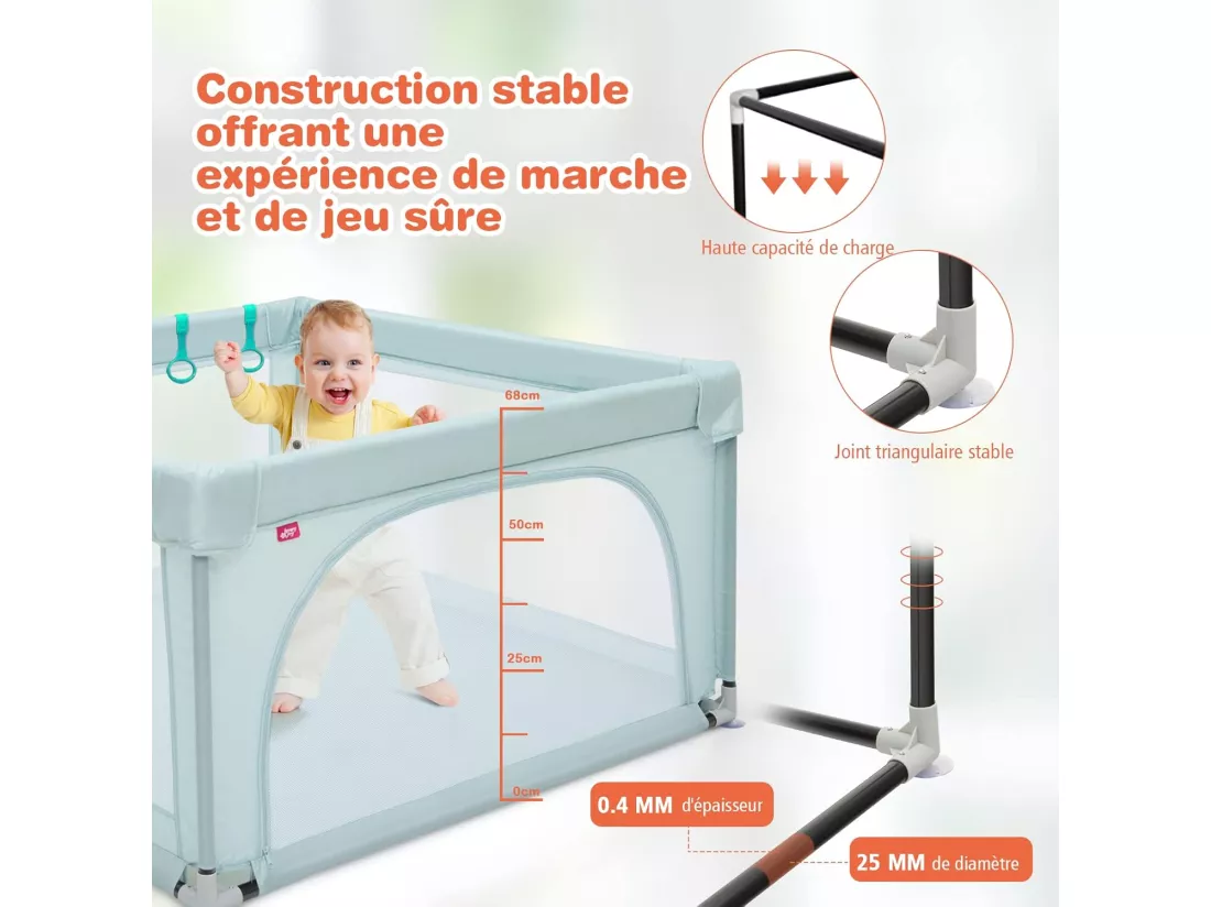Parc Bébé en Tissu avec Tapis Antidérapant, Centre d'Activité Enfants avec Maille Respirante, 50 Boules, Sac de Transport Intérieur Extérieur pour Bébé 0-3 Ans Gris