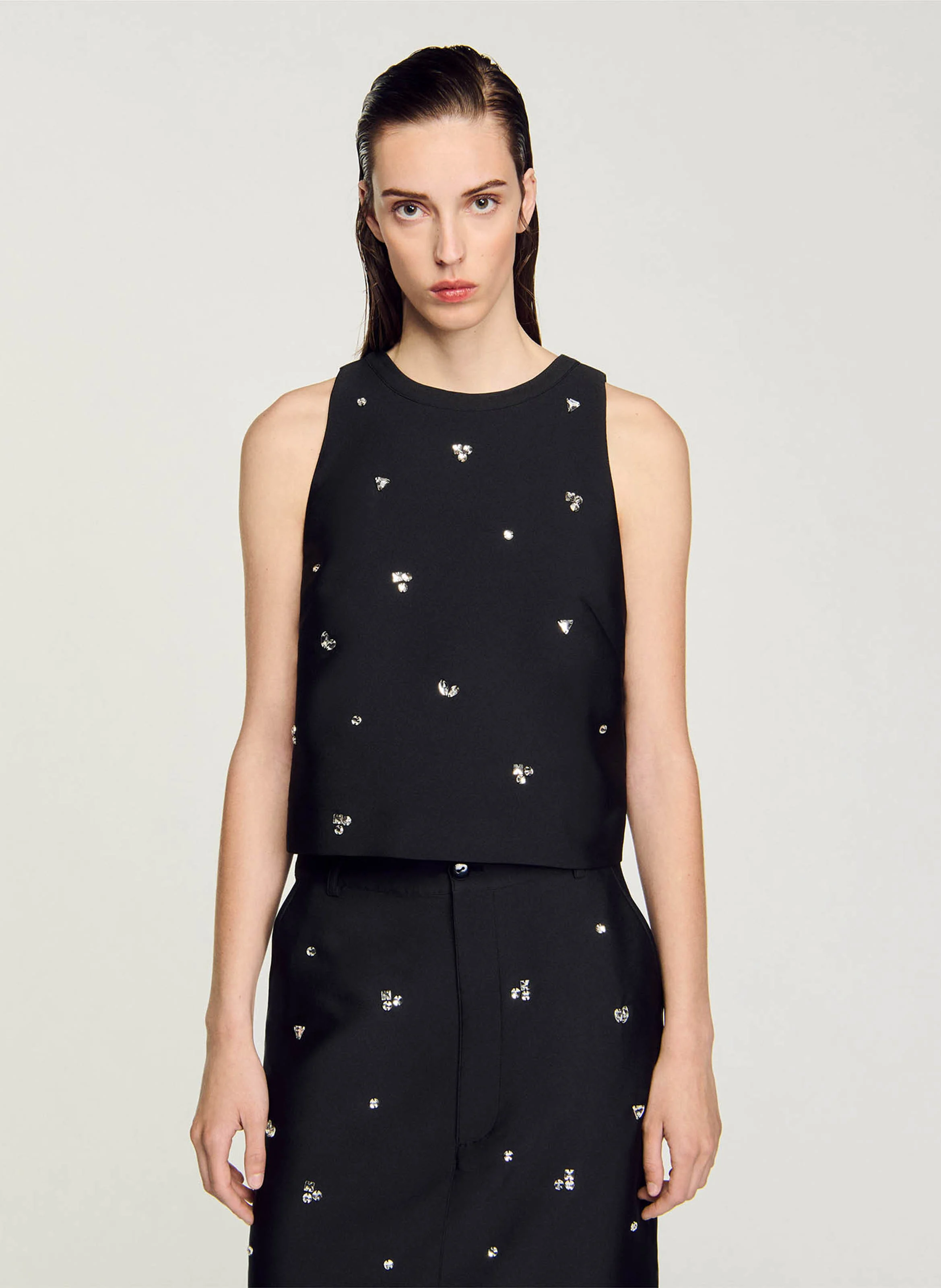 Top col rond à strass | Noir