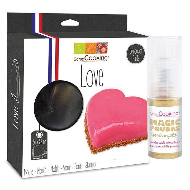 Moule à gâteau semi-rigide cœur + 1 poudre alimentaire irisée dorée Sc