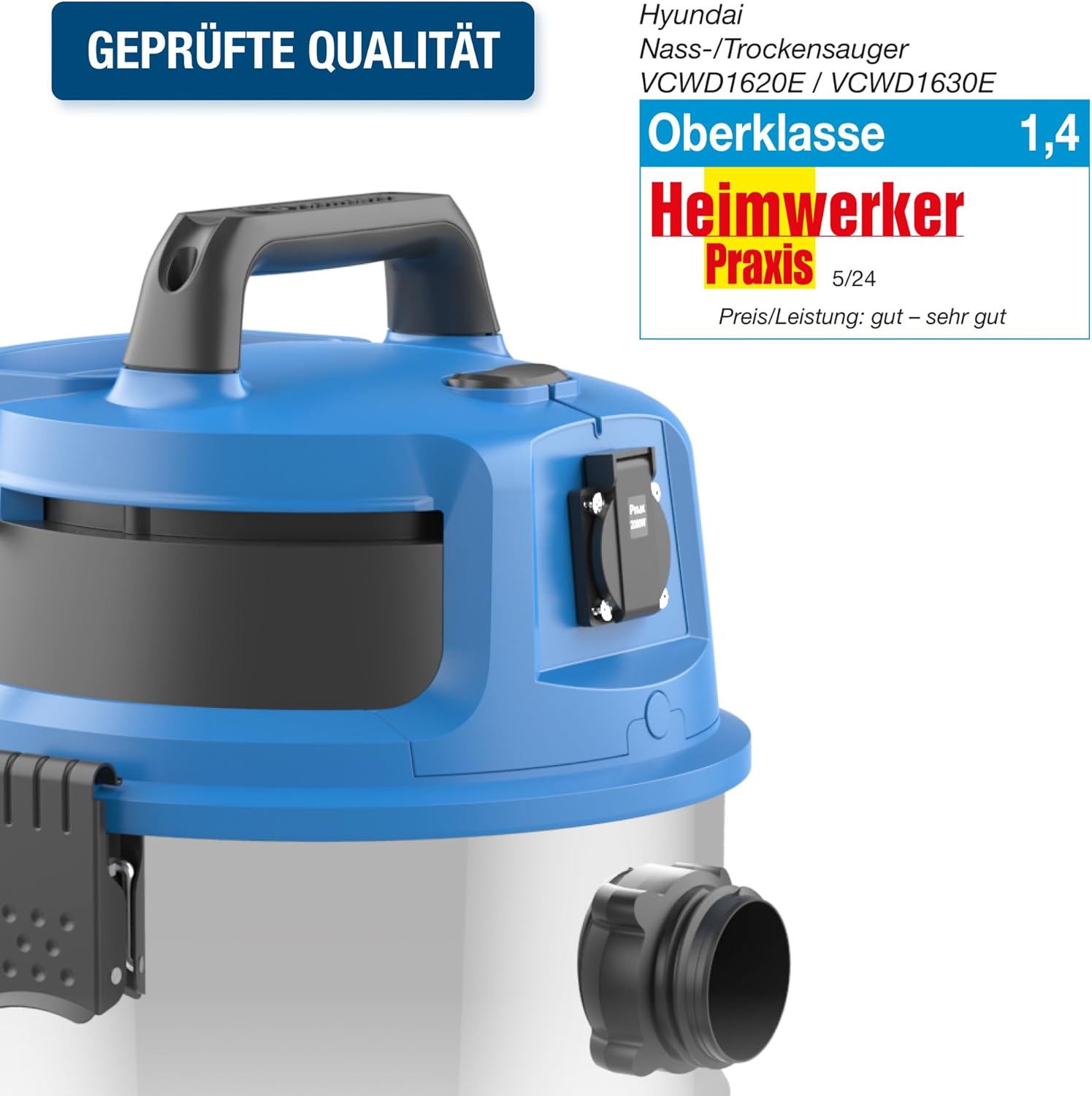 HYUNDAI Nass- / Trockensauger VCWD1620E, 1600 W, 20l Edelstahltank, Sauger mit Ausgangssteckdose, Master-Slave-Funktion (Staubsauger, Waschsauger, Industriestaubsauger)
