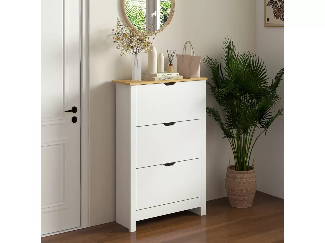 Armoire à chaussures 3 portes abattantes 2 compartiments panneaux particules blanc chêne