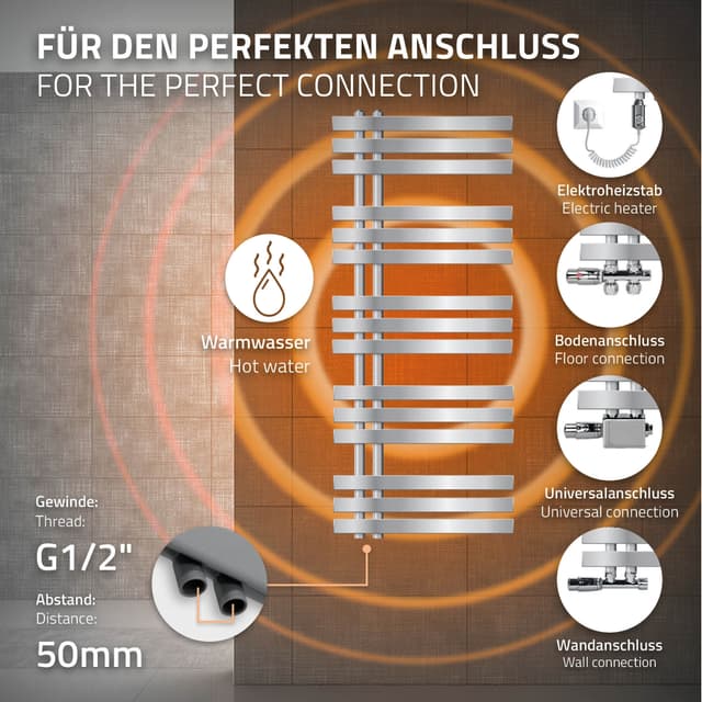 500 x 1200 mm IRON EM DESIGN Radiatortilslutning panelradiatorer 50mm CHROME