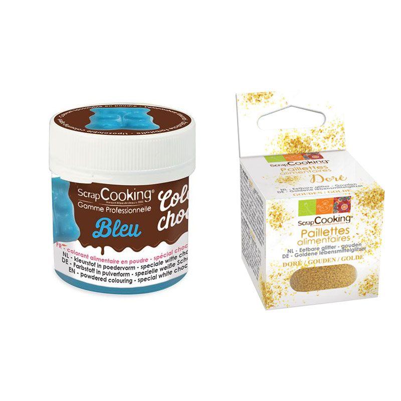 Colorant alimentaire liposoluble bleu + paillettes dorées Scrapcooking
