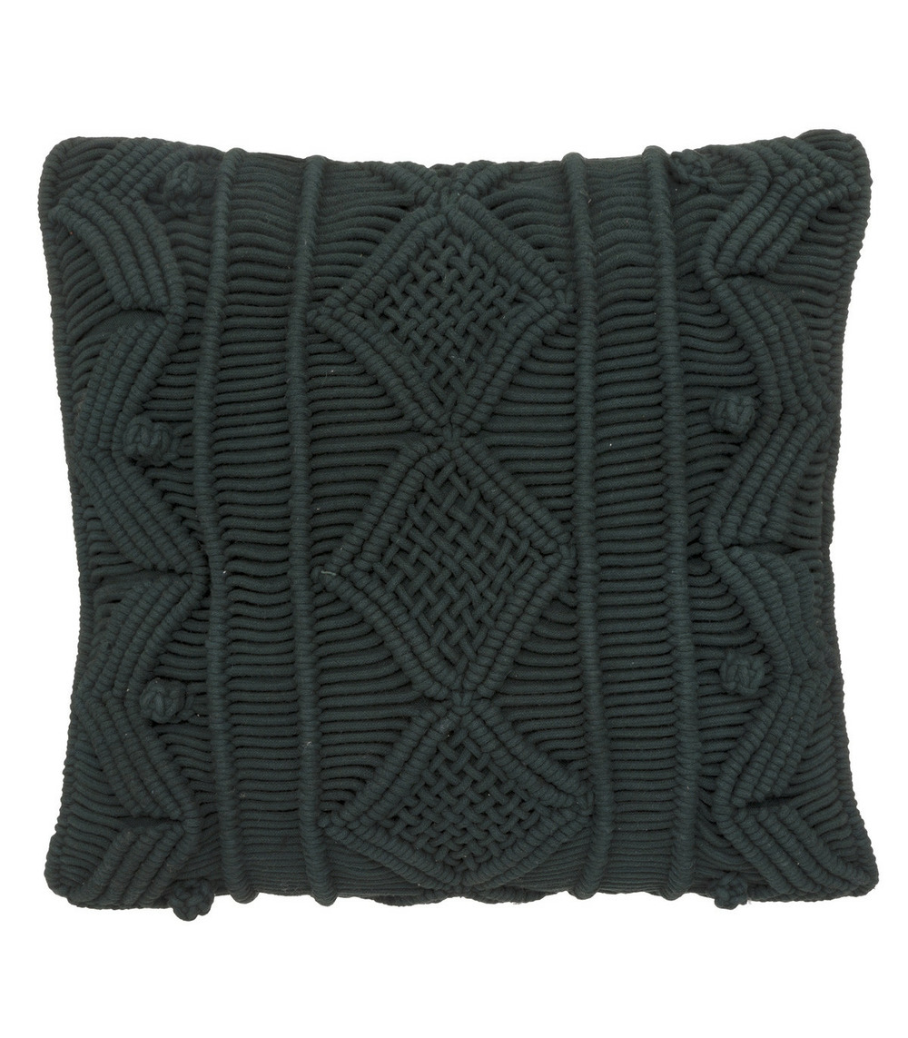Coussin décoratif déhoussable macramé en coton vert cèdre 40 x 40 cm