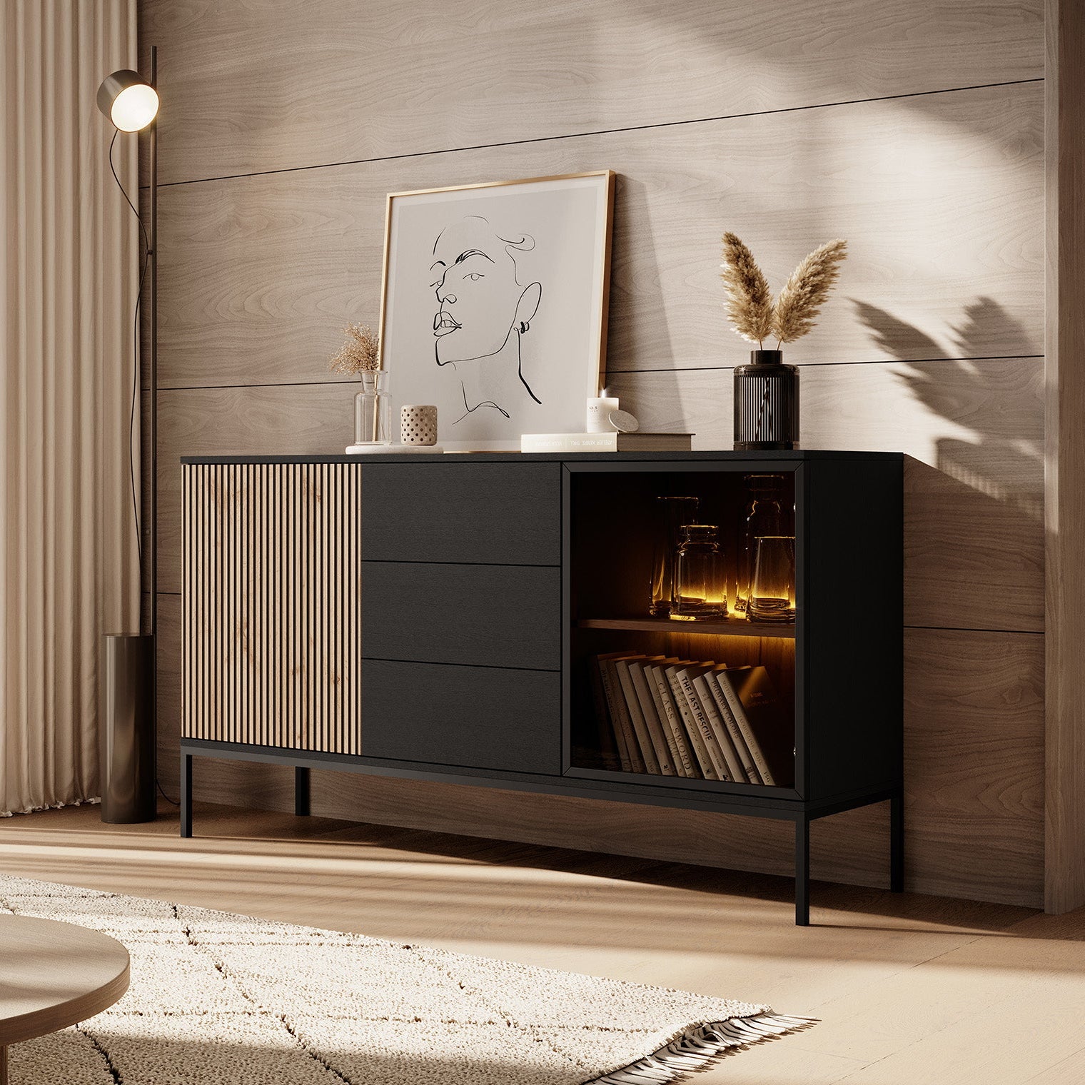 Legend 2 - Dressoir - Zwart/eiken - 154x39x83 cm