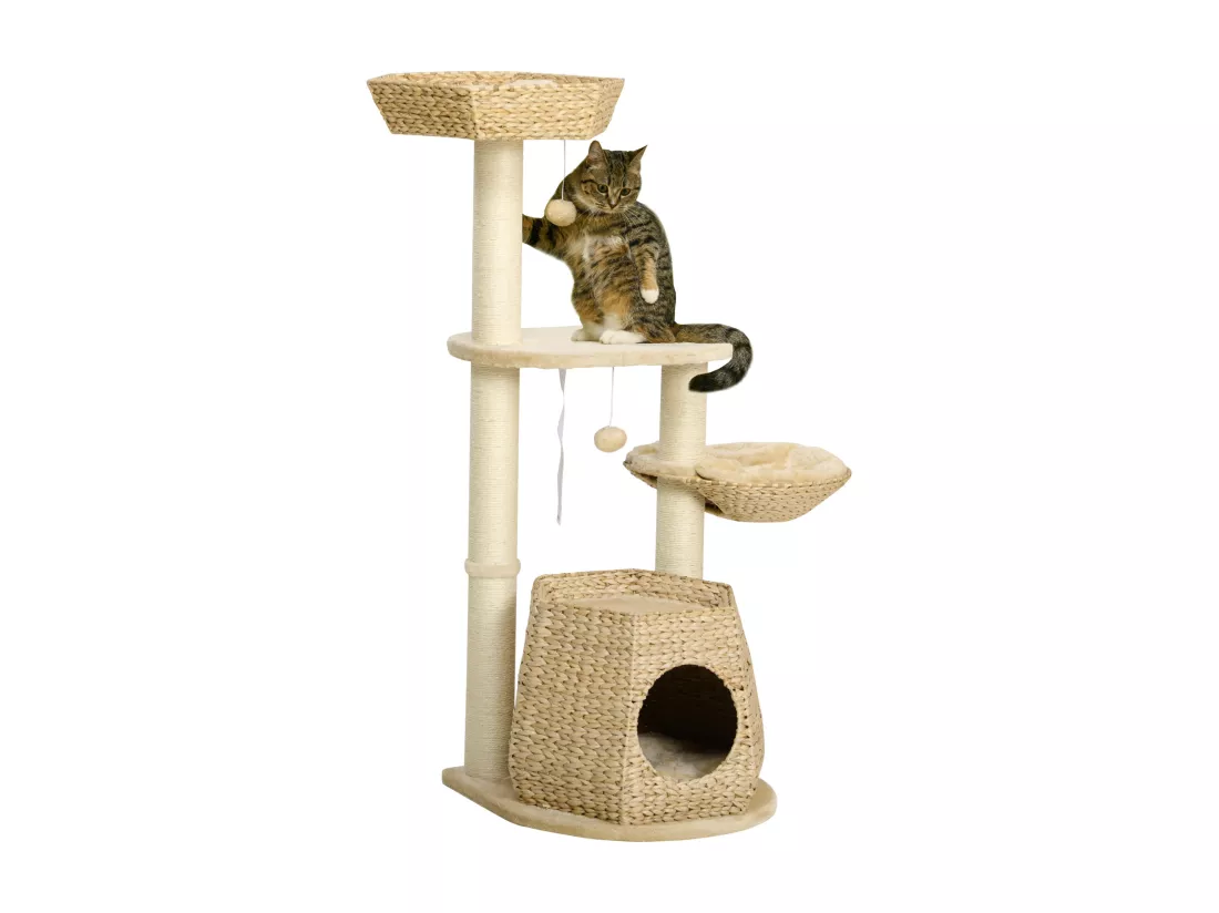 Arbre à chat style cosy chic griffoirs sisal naturel niche 2 paniers avec coussins plateforme 2 boules suspendues quenouille peluche courte crème beige