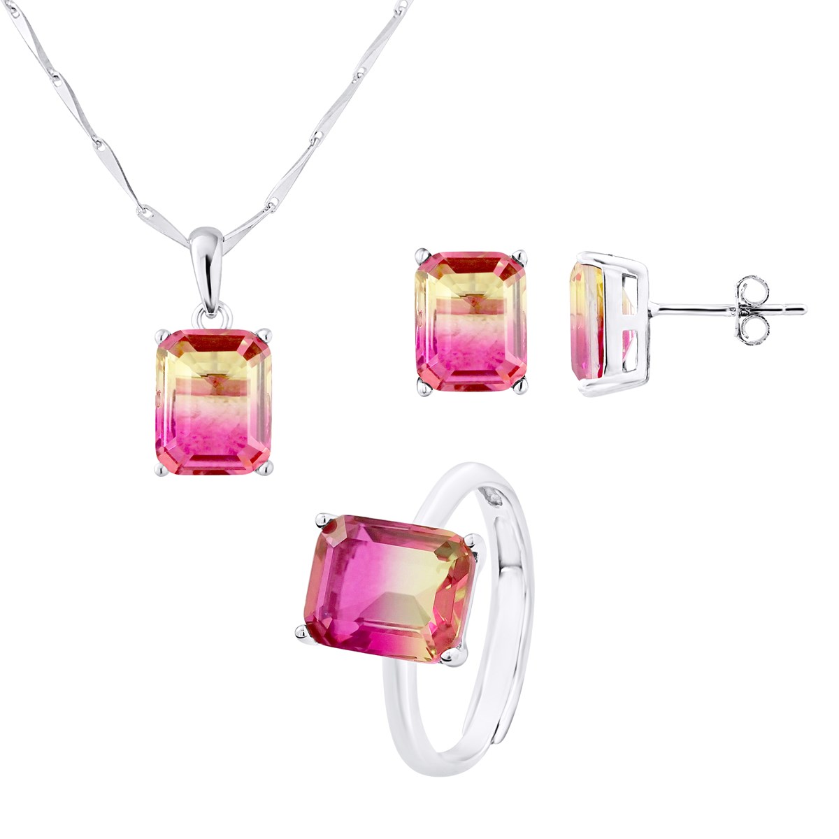 PARURE RECTANGLE BICOLORE : Collier - Bague - Boucles d'Oreilles - Argent 925